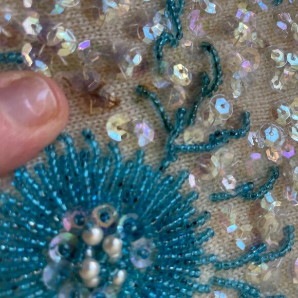 Vintage Beaded Sequin Top Womens Large Cream Blue Ocean Cell 60s Mad Men Mermaid - Picture 15 of 15